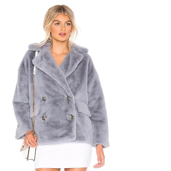 Free People Kate Faux Fur Coat Cloudy Day Gray Faux Fur Double Breasted Jacket - Picture 2 of 16
